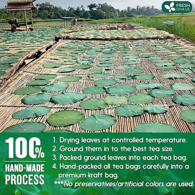 FreshDrinkUS, Premium 75 Lotus Leaf Tea Bags, 100% Natural & Pure from Lotus Leaves. Loose Leaf Lotus Herbal Tea. Made with Eco-Conscious Tea Bags. No Sugar, No Caffeine, No Gluten, Vegan.