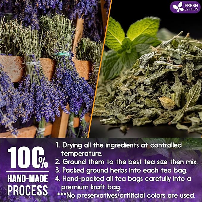 FreshDrinkUS, Premium 135 Tea Bags Lavender Mint Tea, 100% Natural, Blend of Lavender, Peppermint, Sage and Licorice. Made with Natural Material Tea Bags. No Sugar, No Caffeine, Vegan.