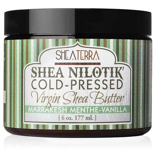 Shea Terra Organics 100% Organic Cold-Pressed Virgin Shea Butter – Marrakesh Menthe Vanilla | Natural Anti-Aging Daily Skin, Nails & Hair Cream for Dry Skin, Sore Muscles & Stretch Marks – 6 oz