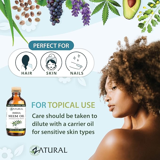 Zatural Organically Grown Neem Oil 100% Pure Cold Pressed Seed Oil Uses for Hair, Skin, and Nails, & Outdoor 8oz