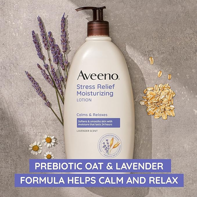 Aveeno Stress Relief Moisturizing Body Lotion with Lavender Scent & Prebiotic Oat to Calm & Relax, Non-Greasy, TSA-Approved Travel Size, 2.5 fl. oz, 12 Pack