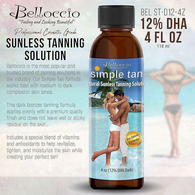 Belloccio Simple Tan 4 Ounce Bottle of Professional Salon Sunless Tanning Solution with 12% DHA and Dark Bronzer Color Guide