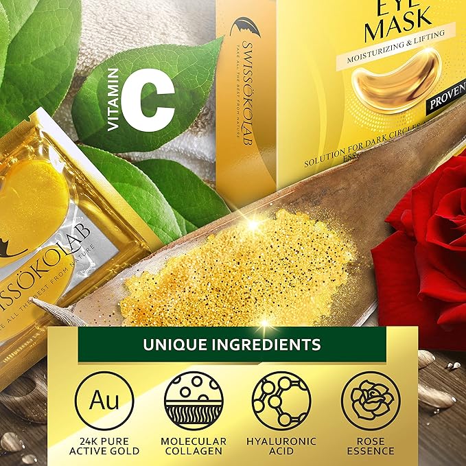 SWISSÖKOLAB Double Chin Reducer V Line Lifting Mask Face Slimming + Under Eye Patches For Puffy Eyes 24k Gold Eye Mask For Dark Circles And Puffiness Collagen Eye Gel Pads