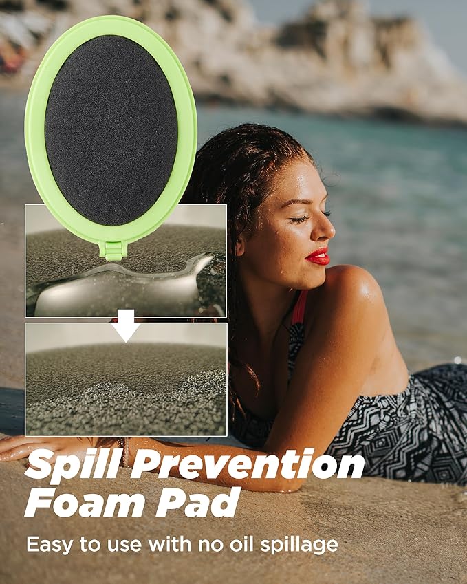 Body Oil Applicator (2nd gen) - 19" Foldable Long Curved Handle, with Replaceable Brush Head, Spill Prevention Non-Toxic Washable Foam Pad – Perfect for Tanning and Body Oils, Includes 2 Pads