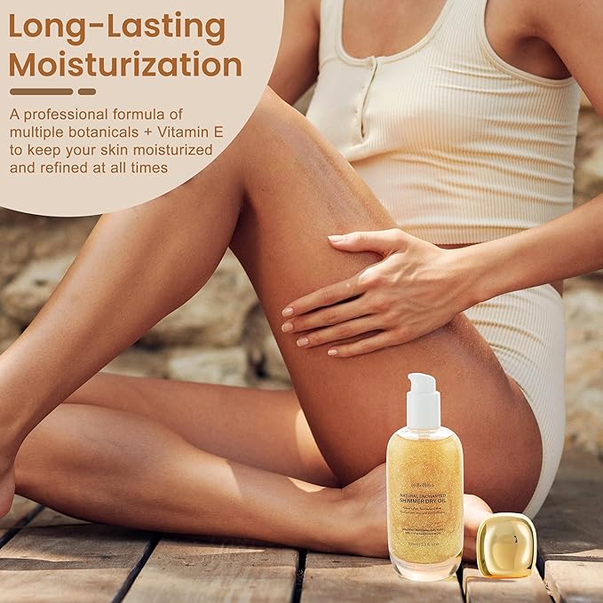 Body Shimmer Oil, Multi-Purpose Shimmer Radiance Body Oil, Rose Gold Body Glow Oil with Natural Ingredients & Mica Particles, Body Glitter Oil for Face, Body & Hair, Enhances Dark Tones & Tans