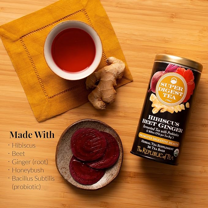 The Republic of Tea Organic Hibiscus Beet Ginger SuperDigest Tea® Herbal | Probiotic Tea Bag (36 count)