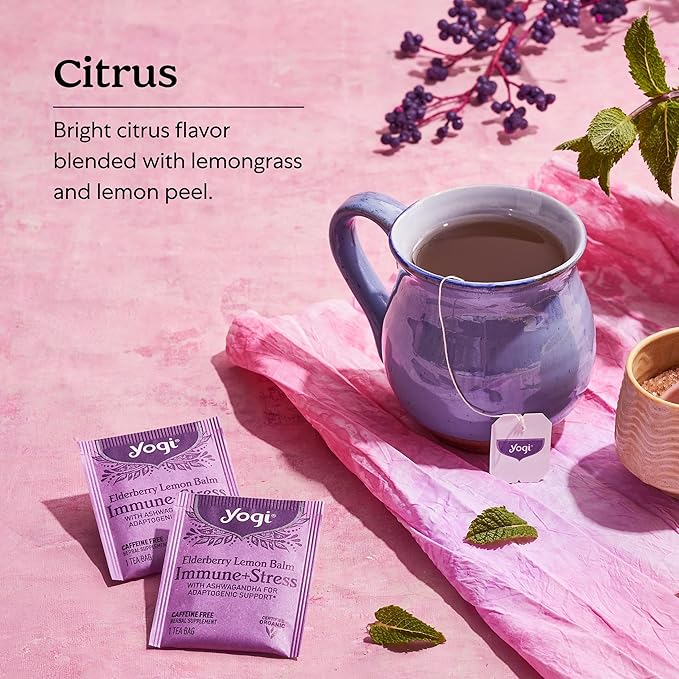 Yogi Tea Elderberry Lemon Stress & Immune Support Tea - 16 Tea Bags, 4 Packs - With Ashwagandha, Lemongrass, Licorice Root & More
