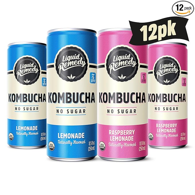 Liquid Remedy Kombucha Sugar Free Organic Drink, Low Calorie, Probiotic Like Tea for Gut Health - Lemon Lovers Variety Pack - 8.5 Fl Oz Can, 12-Pack