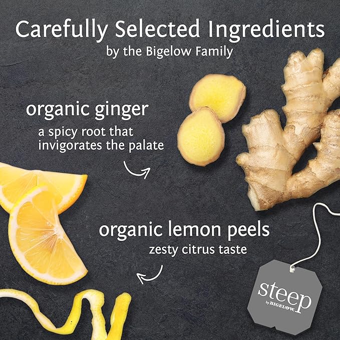 steep by Bigelow Organic Lemon Ginger Herbal Tea, Caffeine Free, 20 Count (Pack of 6), 120 Total Tea Bags