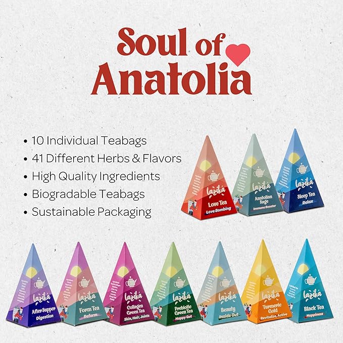 Lazika Tea Variety Pack with Lovely Presentation Box, Black, Green and Herbal Tea Sampler Gift Set, 10 Counts, Premium Collection with Pyramid Infuser Bag, Handcrafted