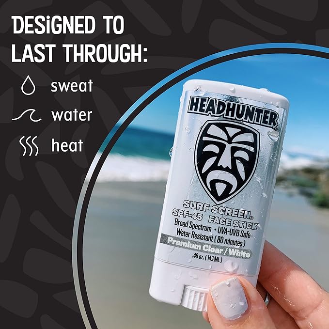 Headhunter Sunscreen Face Stick SPF 45, Waterproof Surf Sunblock for Waterman, Water-Resistant Facial Sunscreen for Ultra-Sport Protection and Solar Defense (80 min), Clear White (1 pack)