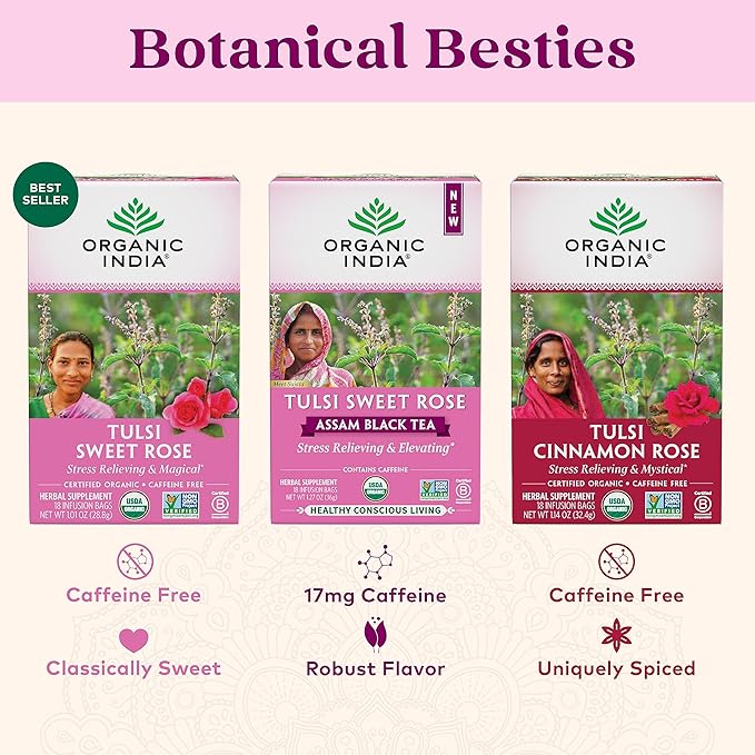 ORGANIC INDIA Tulsi Sweet Rose Herbal Tea - Holy Basil Leaf, African Basil, Chamomilie, Lemon Myrtle, Stress Relieving, Immune Support, USDA Certified Organic, Caffeine-Free - 18 Infusion Bags, 1 Pack