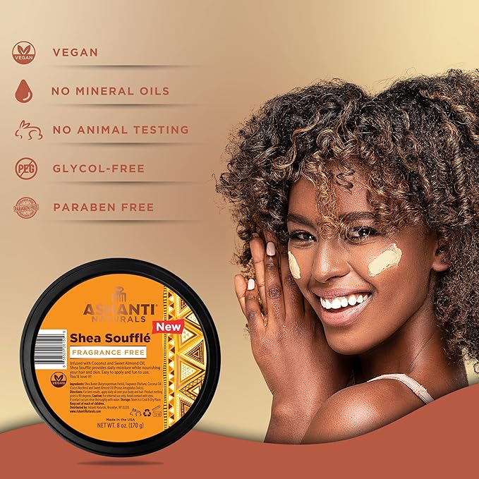 Whipped Shea Butter | Unrefined Shea Butter from Ghana, Coconut and Almond Oil (Fragrance Free Souffle, 8 oz)