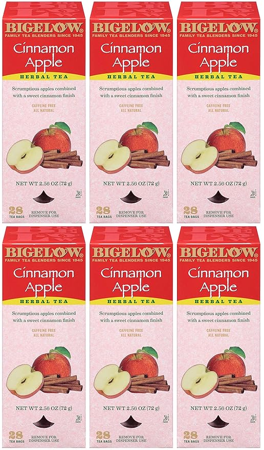 Bigelow Cinnamon Apple Herbal Tea Bags 28-Count Boxes (Pack of 6) Cinnamon Apple Hibiscus Flavored Herbal Tea Bags All Natural Non-GMO