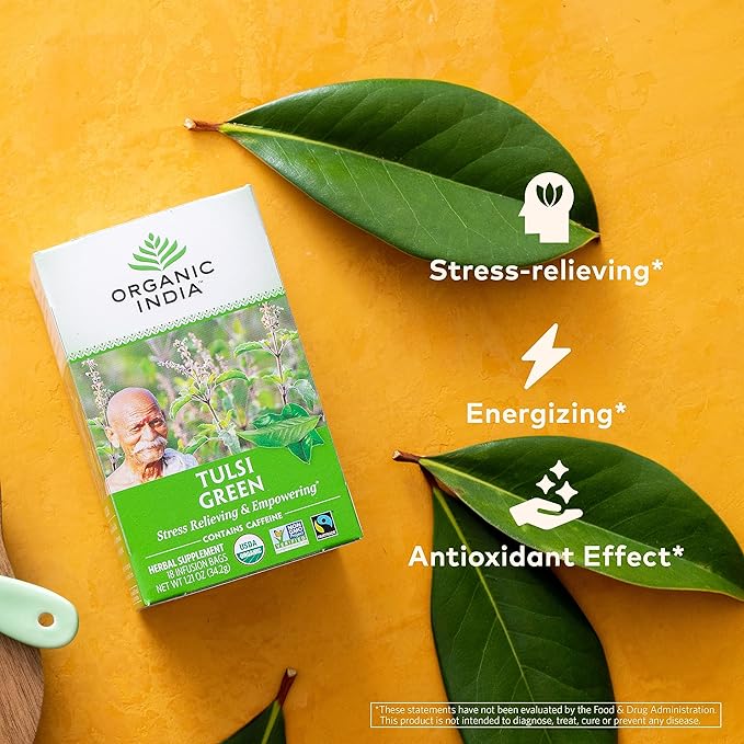 ORGANIC INDIA Tulsi Green Tea Bags - Holy Basil Tea, African Basil, Stress Relieving, Immune Support, USDA Certified Organic, Premium Darjeeling Green Tea, Caffeinated - 18 Infusion Bags, 1 Pack