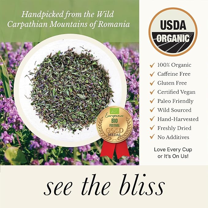 Wild Bliss Organic Wild Breckland Thyme Tea - Caffeine Free Loose Leaf Herbal Tea - Resipratory and Digestion Support - 7.05 Oz - 100 Servings