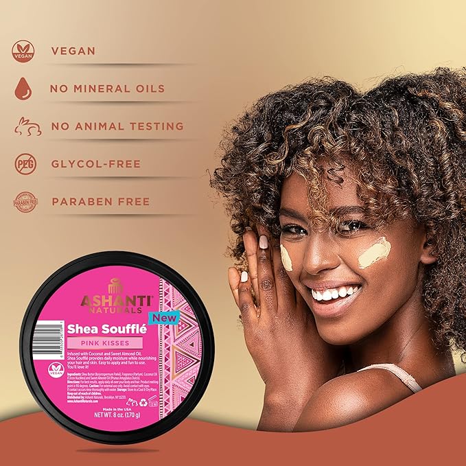 Scented Whipped Shea Butter for Skin | African Body Butter for Women w/Coconut, Almond Oil (Pink Kisses Souffle, 8 oz)