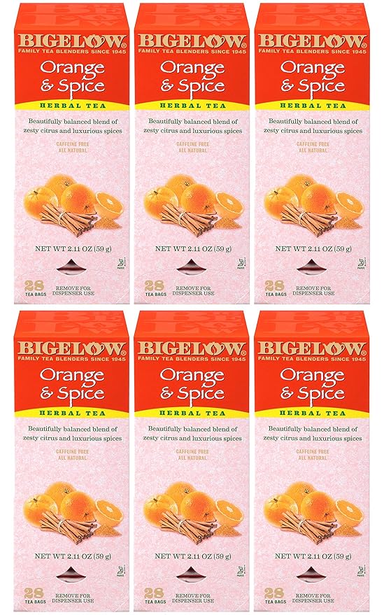 Bigelow Orange & Spice Herbal Tea 28-Count Boxes (Pack of 6) Caffeine-Free Soothing Herbal Tea Sweetly Citrus-y Tea with an Herbal Twist in Foil-Wrapped Bags