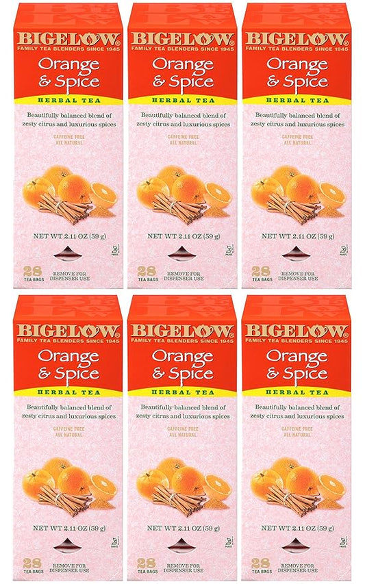 Bigelow Orange & Spice Herbal Tea 28-Count Boxes (Pack of 6) Caffeine-Free Soothing Herbal Tea Sweetly Citrus-y Tea with an Herbal Twist in Foil-Wrapped Bags