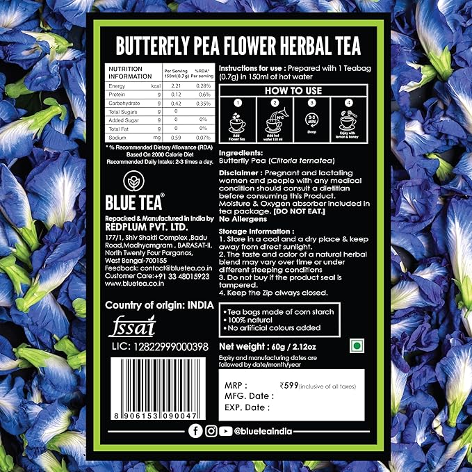 BLUE TEA - Butterfly Pea Flower Tea - 2.11 Oz (120+ Cups) | ANTIOXIDANT RICH | Chemical Free - Herbal Tea - Caffeine free - Non Bitter - No Preservatives - Non-GMO | Zipper Pack