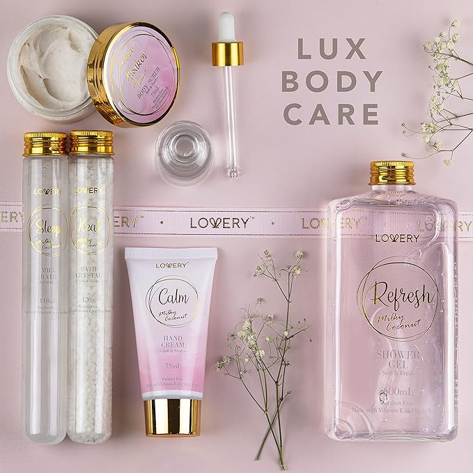 Mothers Day Bath Gift Set - Home Spa Gift Basket with Milky Coconut, Vitamin E & Shea Butter with Shower Gel, Bath Salt & Crystals, Body Scrub, Hand Cream, Body Oil, Bath Pillow, Wooden Crate & More