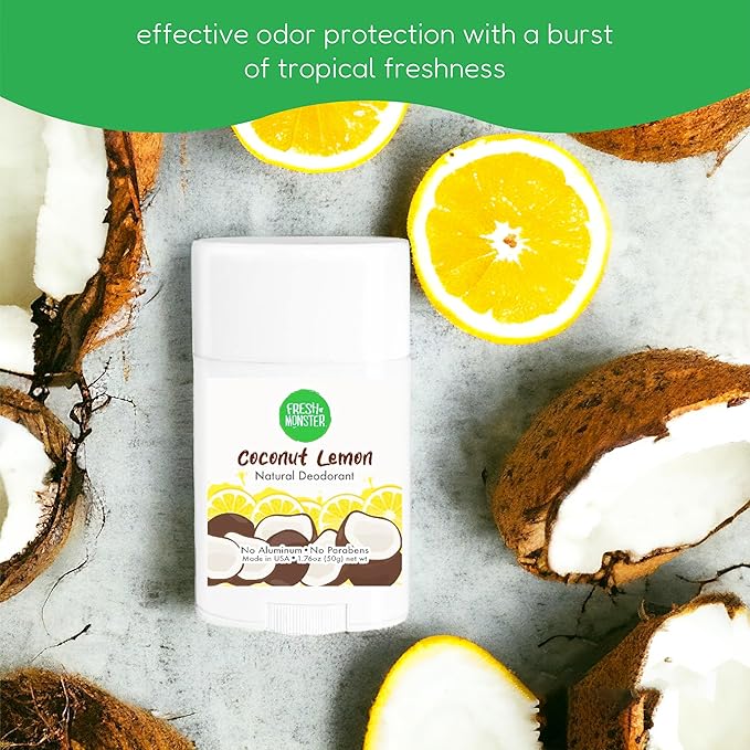 FRESH MONSTER Deodorant for Kids & Teens, Coconut-Lemon Scent, No Aluminum, No Parabens, Vegan, 24-Hour Protection, Coconut Lemon, 1.76 oz