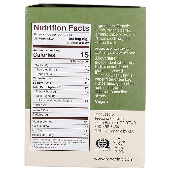 Teeccino French Roast Herbal Tea - Rich & Roasted Herbal Tea That’s Caffeine Free & Prebiotic for Natural Energy, Coffee Alternative, 10 Tea Bags (Pack of 6)