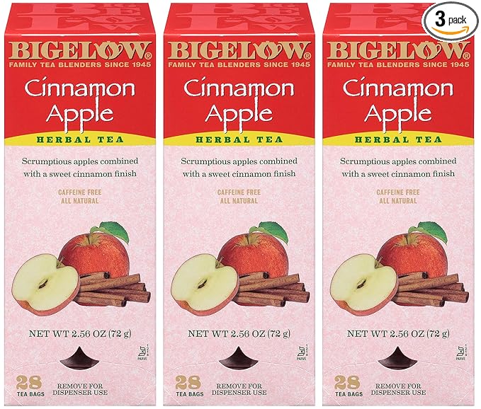 Bigelow Cinnamon Apple Herbal Tea Bags 28-Count Box (Pack of 3) Cinnamon Apple Hibiscus Flavored Herbal Tea Bags All Natural Non-GMO