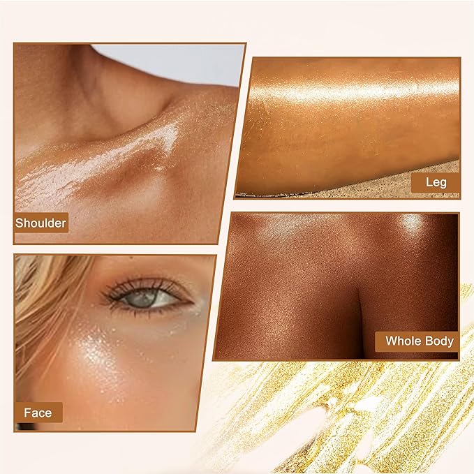 Body Shimmer Oil, Multi-Purpose Shimmer Radiance Body Oil, Rose Gold Body Glow Oil with Natural Ingredients & Mica Particles, Body Glitter Oil for Face, Body & Hair, Enhances Dark Tones & Tans