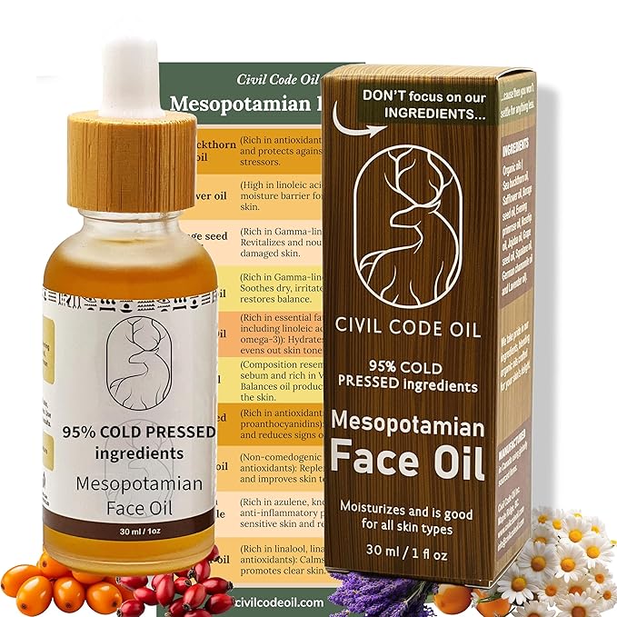 Mesopotamian Face oil for women, Cold-Pressed, Organic Anti Aging Facial Oil, Sea Buckthorn, Safflower, Borage Seed, Rosehip, Jojoba Oil, Squalane, Lavender Oil… 1oz.