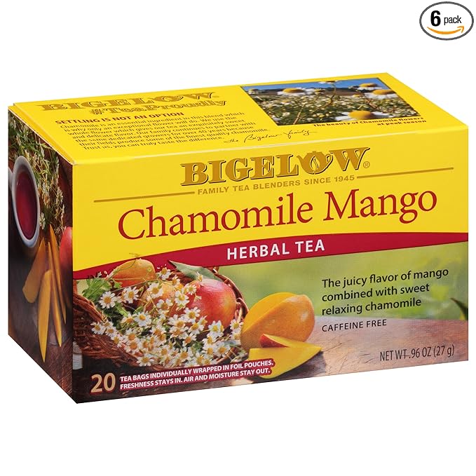 Bigelow Tea Chamomile Mango Herbal Tea, Caffeine Free Tea with Mango, 20 Count Box (Pack of 6), 120 Total Tea Bags