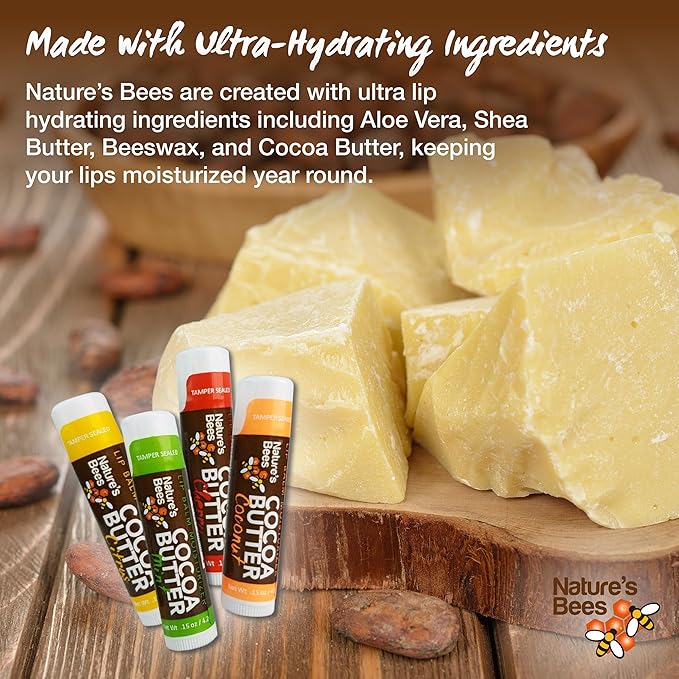 Nature's Bees Cocoa Butter Lip Balm Moisturizer, 24 Pack with 4 Flavors, Original, Shea Butter, Mango Butter, and Olive Oil, Made with Coconut Oil, Beeswax, Vitamin E and Aloe, 0.15 oz