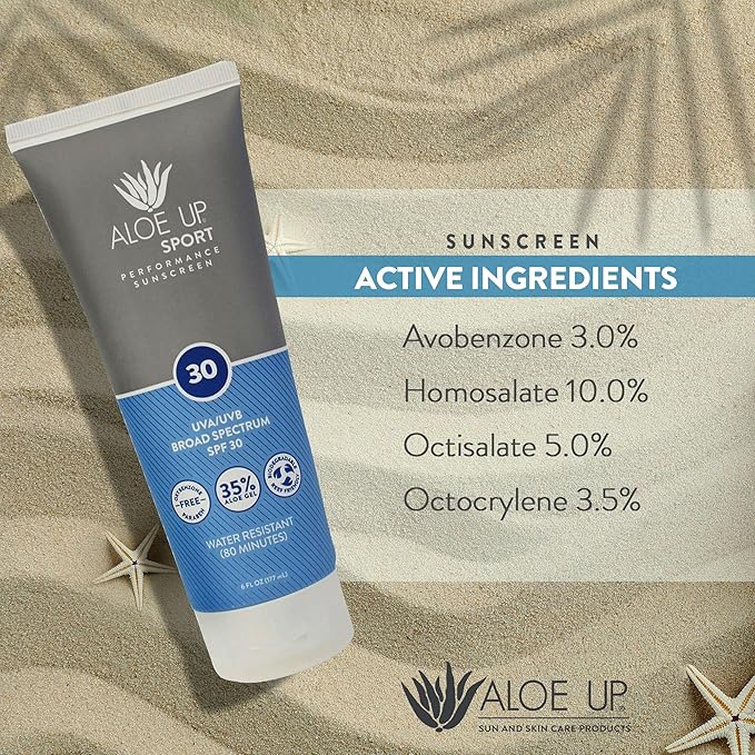 Aloe Up Sport Sunscreen Lotion SPF 30 - Broad Spectrum UVA/UVB Sunscreen Protector for Face and Body - With Hydrating Aloe Vera Gel - Non-Greasy No White Cast Reef Safe Fragrance-Free - 6 Oz.