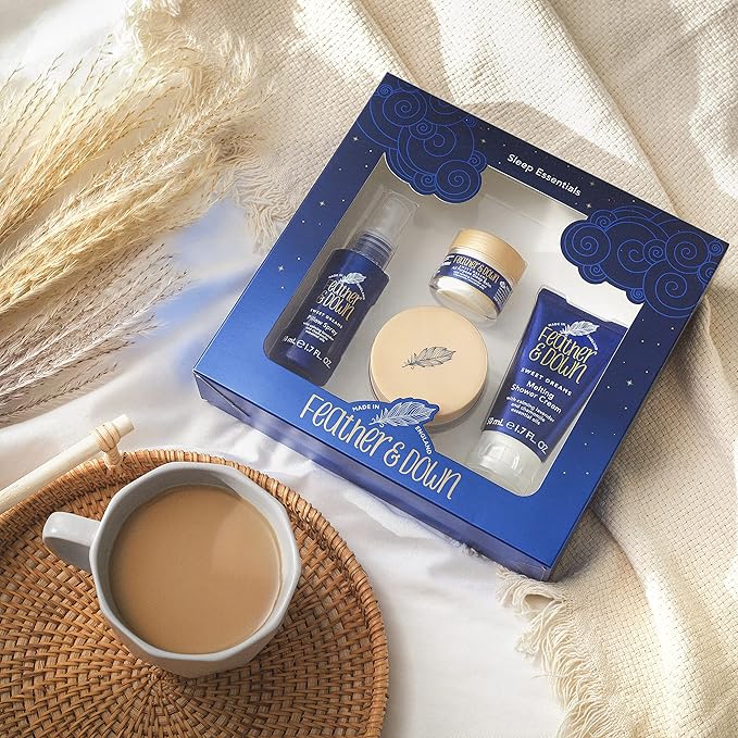 Feather & Down Sweet Dream Sleep Essentials Gift Set: 50ml Pillow Spray, 50ml Melting Shower Cream, 16g All-Purpose Sleep Balm & 50ml Sleep Butter, Vegan & Cruelty Free