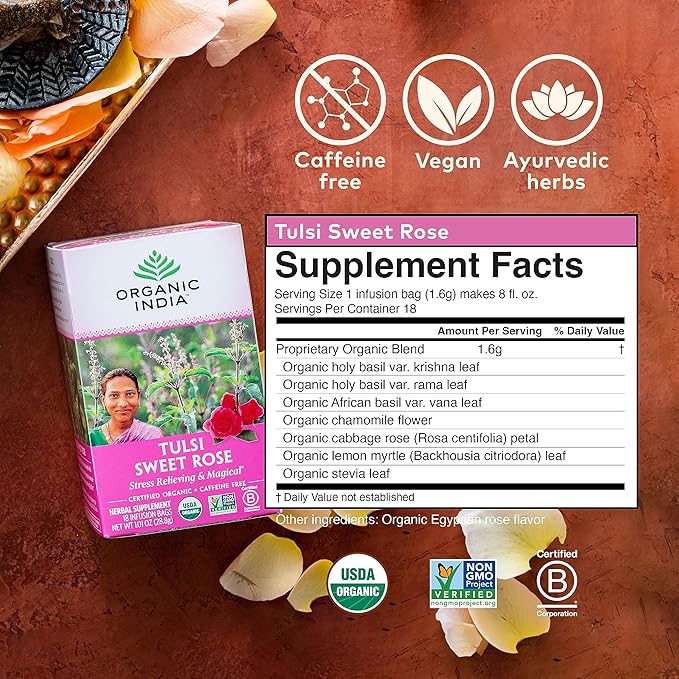 Organic India Tulsi Sweet Rose Herbal Tea - Holy Basil Leaf, African Basil, Chamomilie, Lemon Myrtle, Stress Relieving, Immune Support, USDA Certified Organic, Caffeine-Free - 18 Infusion Bags, 6 Pack