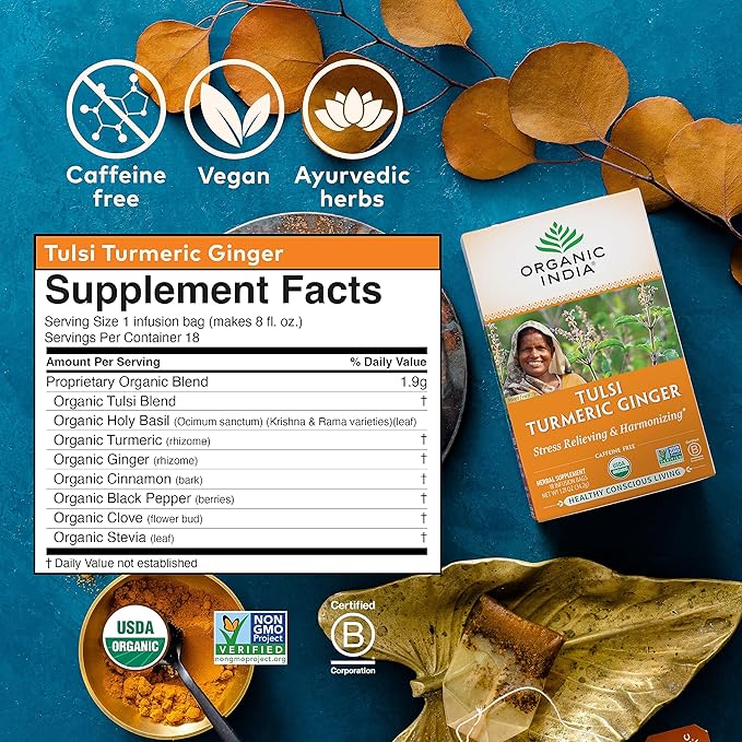 ORGANIC INDIA Tulsi Turmeric Ginger Tea Bags - Herbal Tea, Stress Relieving & Harmonizing, Immune Support, Healthy Inflammatory Response, Aids Digestion, Caffeine-Free - 18 Infusion Bags, 1 Pack